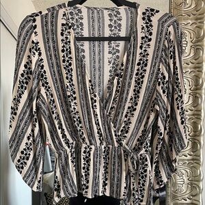 Floral Striped Wrap Top - Black and Cream